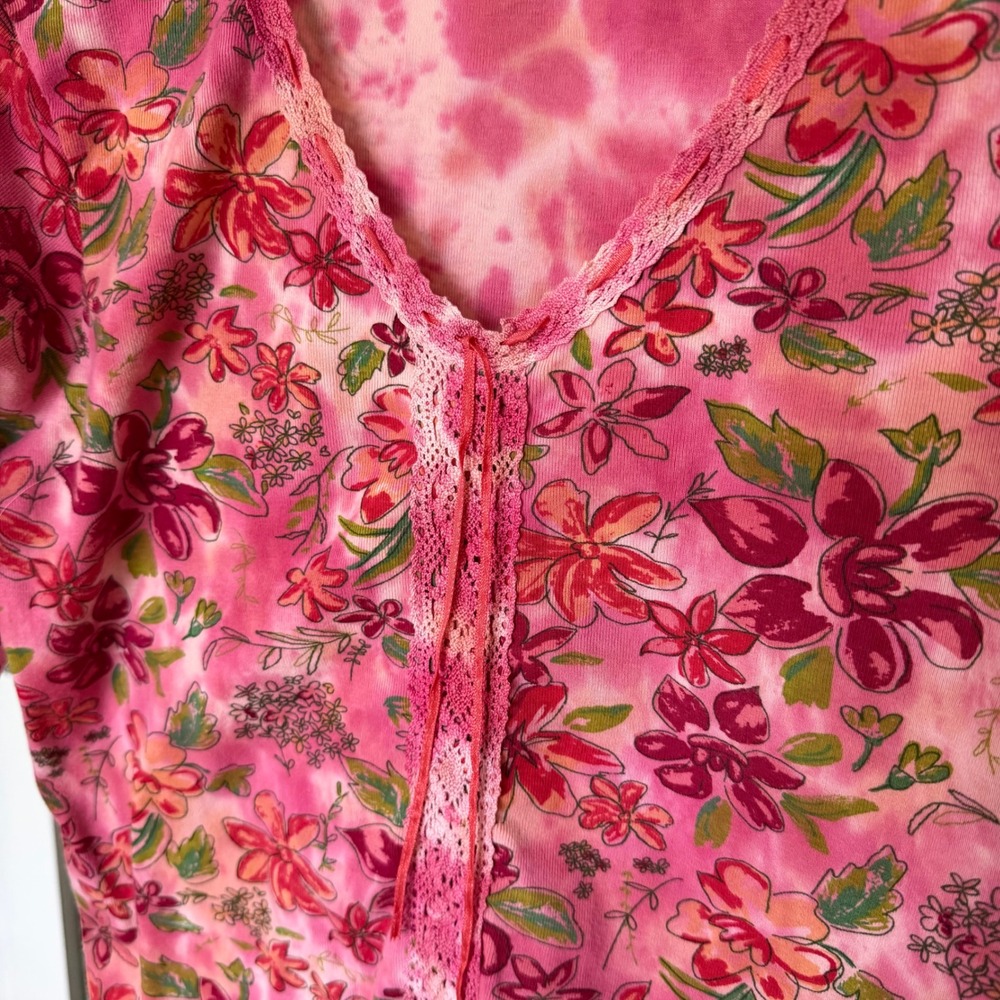 Y2K Boho Fairy Womens Pink Tie Dye Floral Lace Trim 3/4 Sleeve Cotton Top Medium - Picture 4 of 7